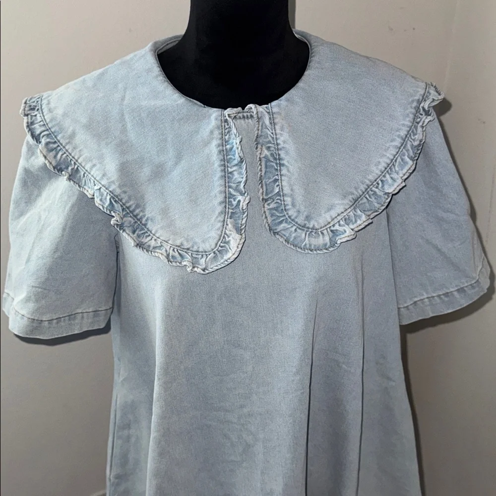 Amable by Mable Peter Pan collared light Wash denim mini dress shirt sleeve Sz S - Picture 6 of 15
